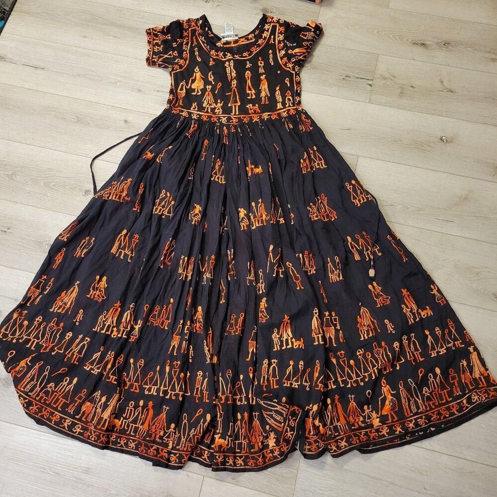 Jasmine By KVM Dress Sz Small Black Orange Tribal Print Long Cotton Dress